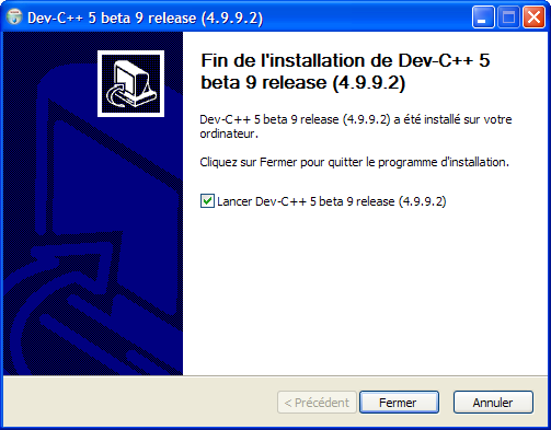 Fenêtre de fin d'installation de Dev-c++