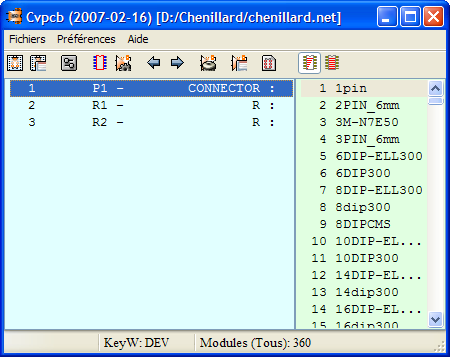 Fenêtre d'assignation des composants avec leurs modules sur Cvpcb